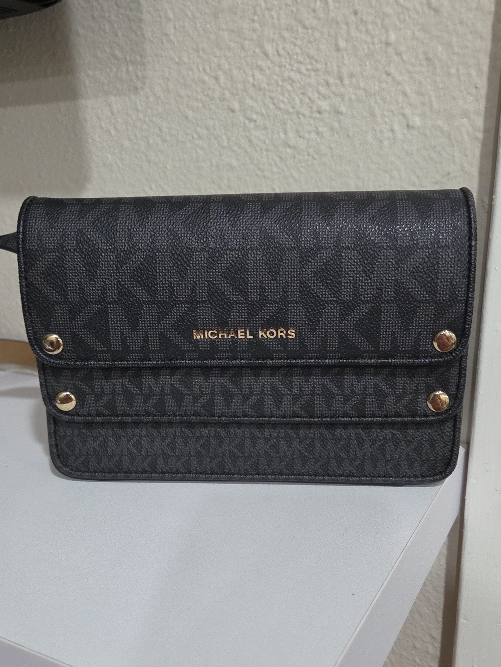 Michael Kors Black Logo Crossbody Wallet with Gold Hardware